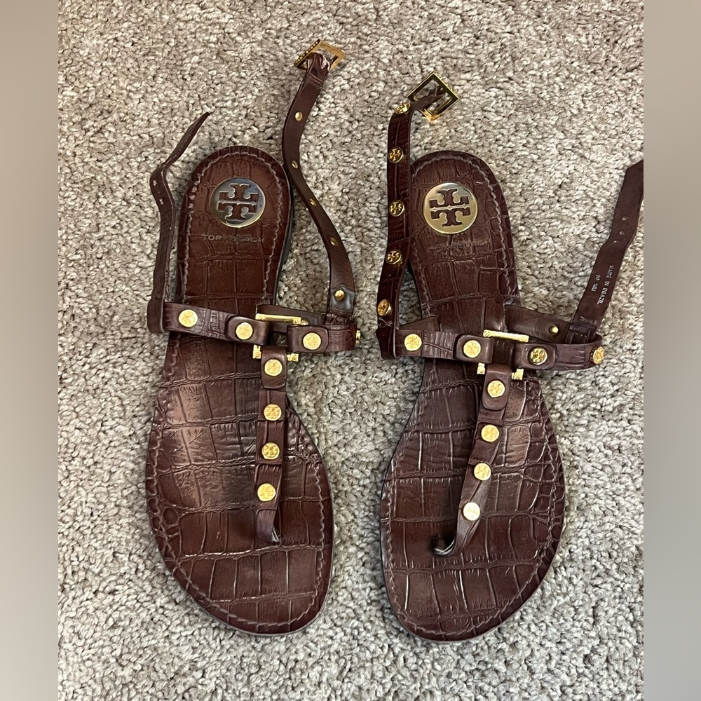 Tory Burch Croc-Embossed Brown Sandals